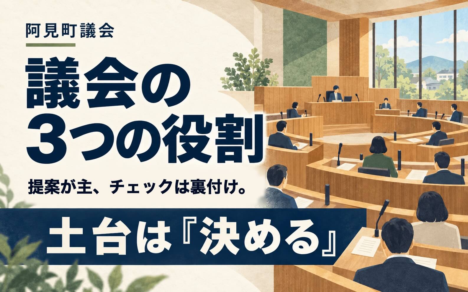 議会の3つの役割｜提案が主、チェックは裏付け。土台は決める