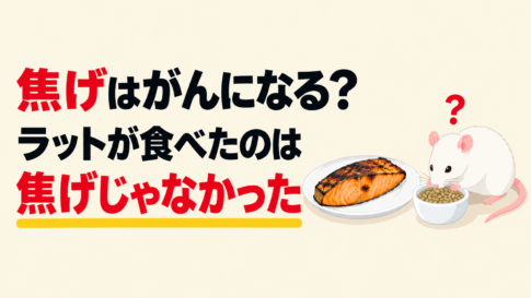 焦げはがんになる？ラットが食べたのは焦げじゃなかった。焼き鮭の横で、ラットが器のエサを食べているイラスト