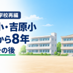 「阿見町の学校再編 実穀小・吉原小 閉校から8年 4組のその後」の文字と、元小学校の3階建て校舎2棟と桜のイラスト